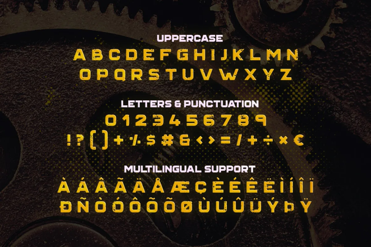 Grind font alphabet, numbers and glyphs