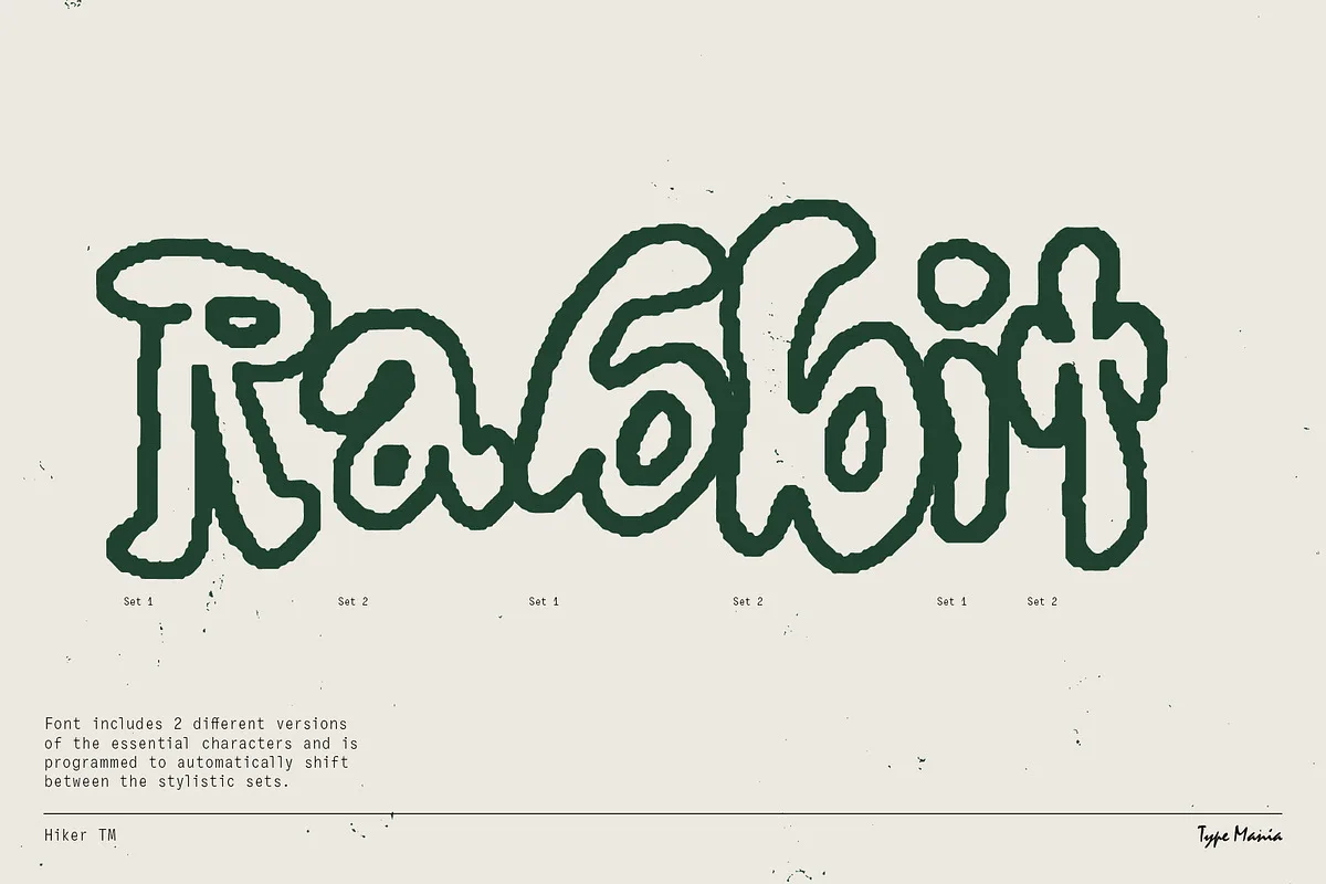 Hiker TM font alphabet, numbers and glyphs