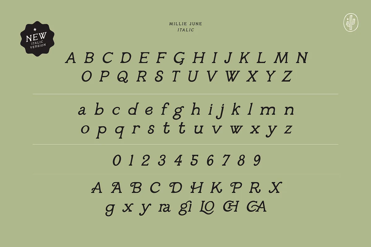 Millie June font alphabet, numbers and glyphs