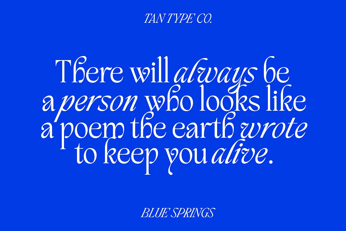 TAN BLUE SPRINGS font alphabet, numbers and glyphs