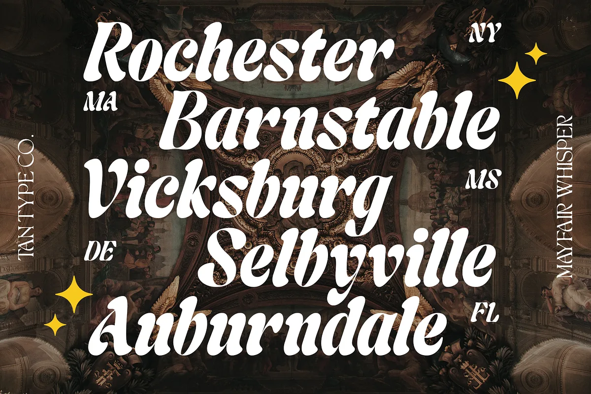 TAN – MAYFAIR WHISPER font alphabet, numbers and glyphs