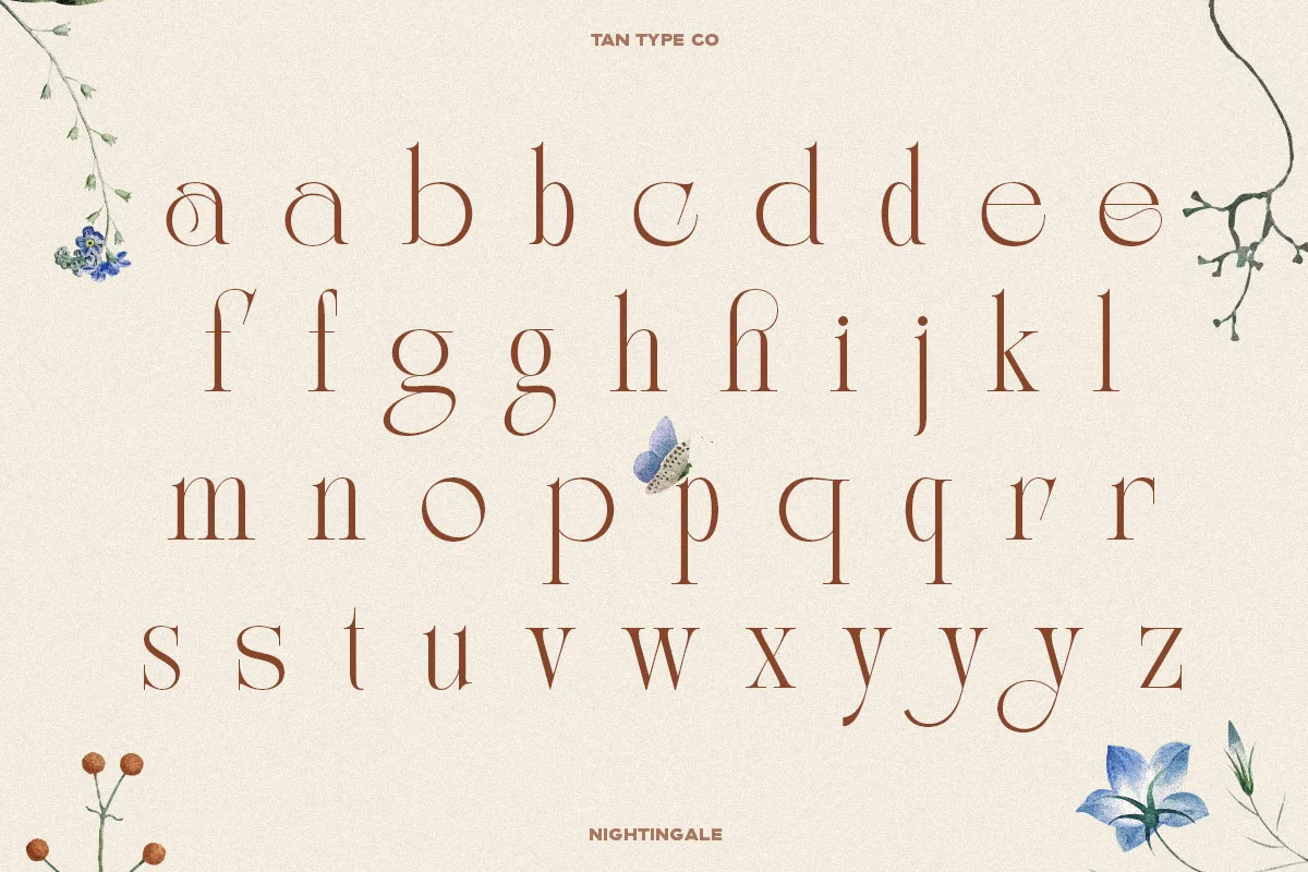 Tan Nightingale font alphabet, numbers and glyphs