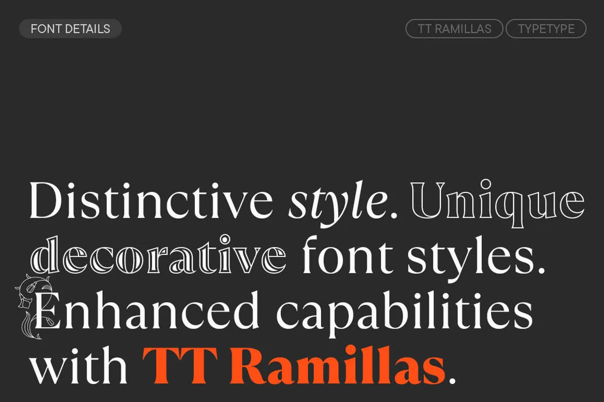 TT Ramillas font alphabet, numbers and glyphs